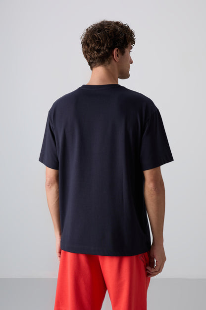 Navy Blue Cotton Thick Soft Textured Oversize Fit Printed Men's T-Shirt - 88330