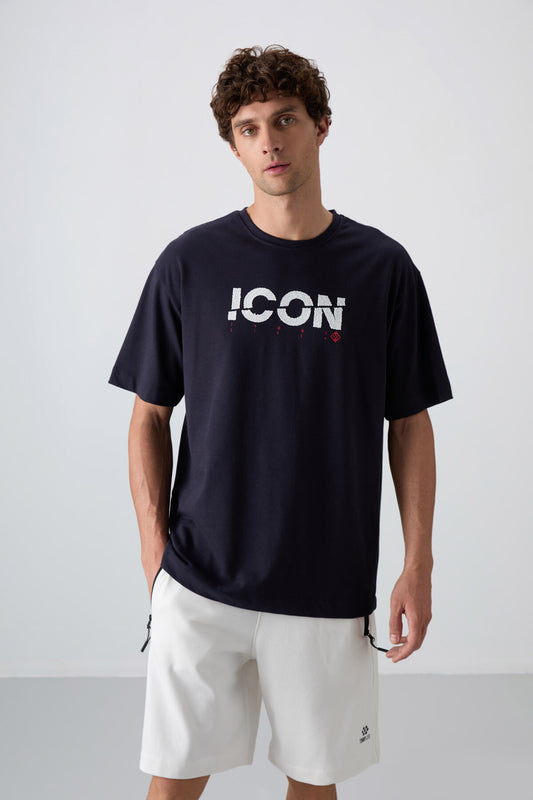 Navy Blue Cotton Thick Soft Textured Oversize Fit Printed Men's T-Shirt - 88331