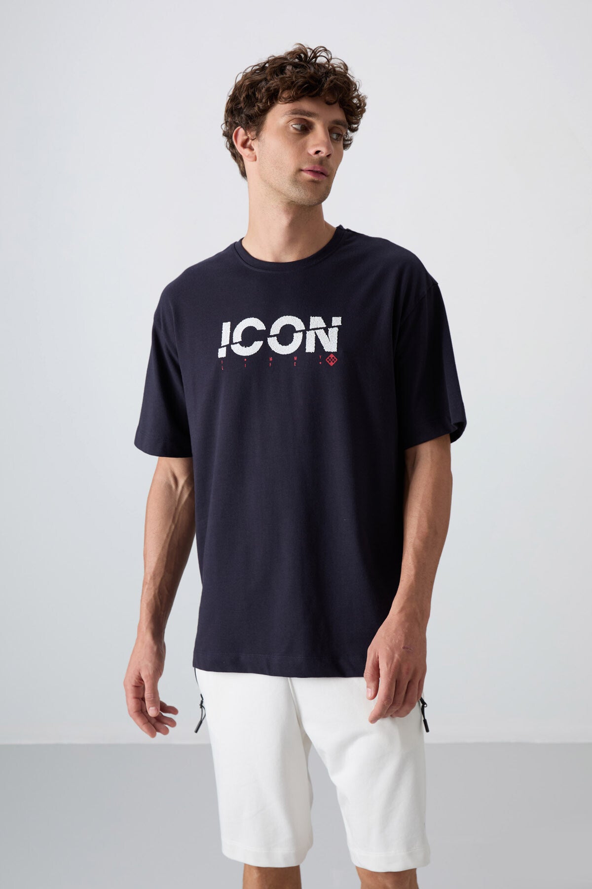 Navy Blue Cotton Thick Soft Textured Oversize Fit Printed Men's T-Shirt - 88331