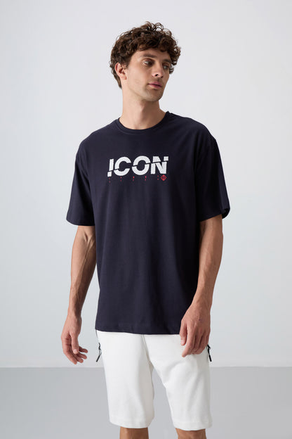 Navy Blue Cotton Thick Soft Textured Oversize Fit Printed Men's T-Shirt - 88331