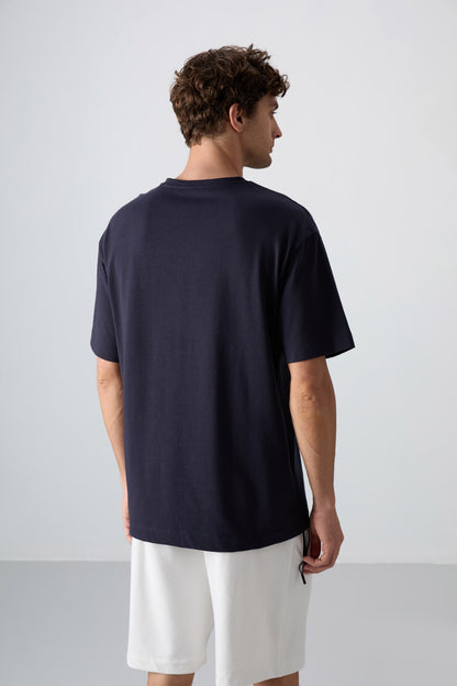 Navy Blue Cotton Thick Soft Textured Oversize Fit Printed Men's T-Shirt - 88331