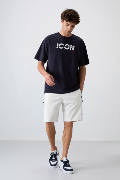 Navy Blue Cotton Thick Soft Textured Oversize Fit Printed Men's T-Shirt - 88331