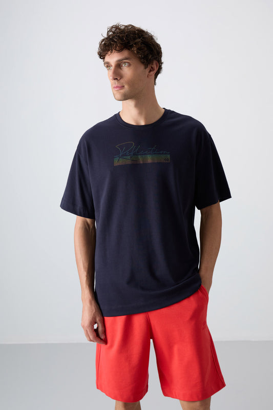 Navy Blue Cotton Thick Soft Textured Oversize Fit Printed Men's T-Shirt - 88334