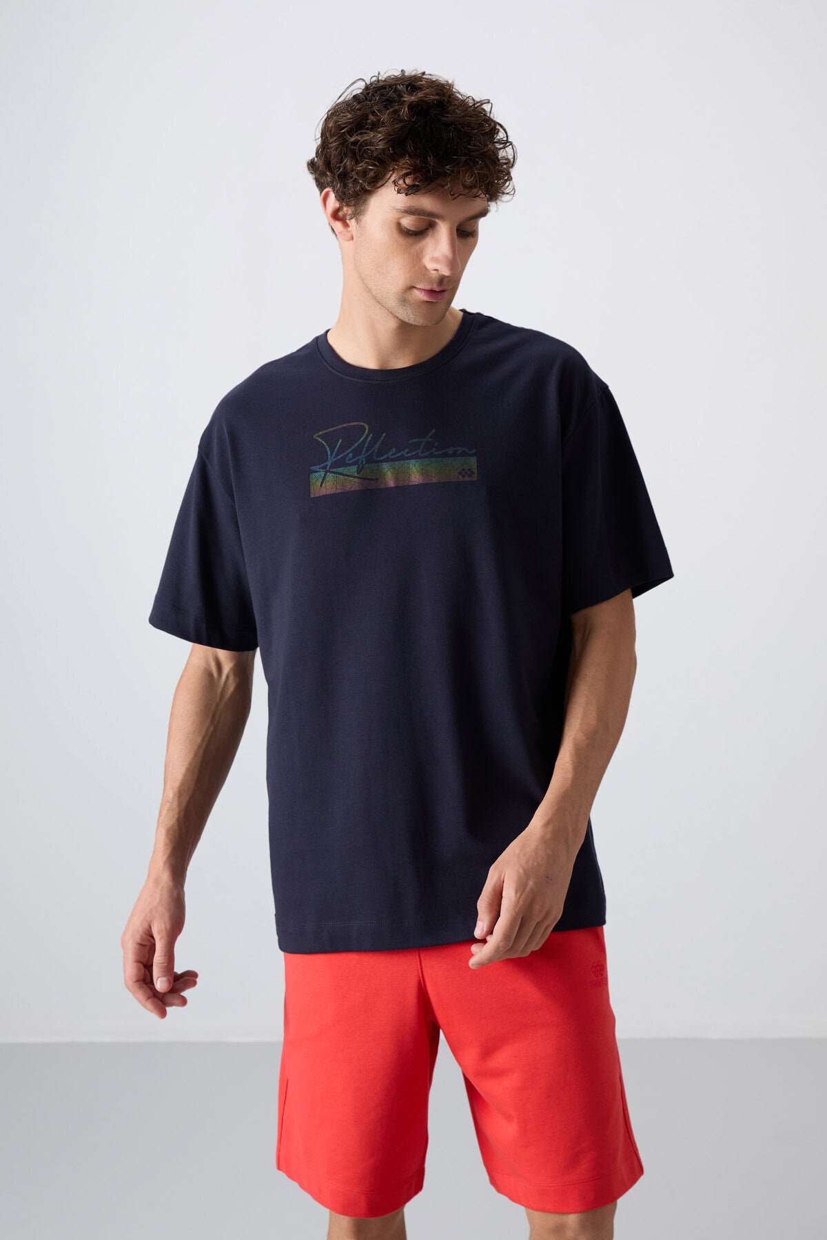 Navy Blue Cotton Thick Soft Textured Oversize Fit Printed Men's T-Shirt - 88334