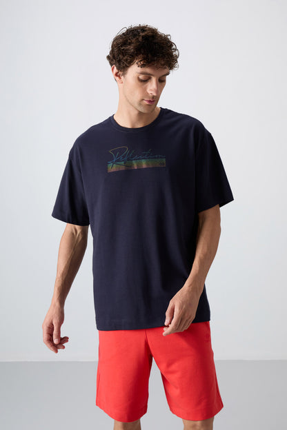 Navy Blue Cotton Thick Soft Textured Oversize Fit Printed Men's T-Shirt - 88334