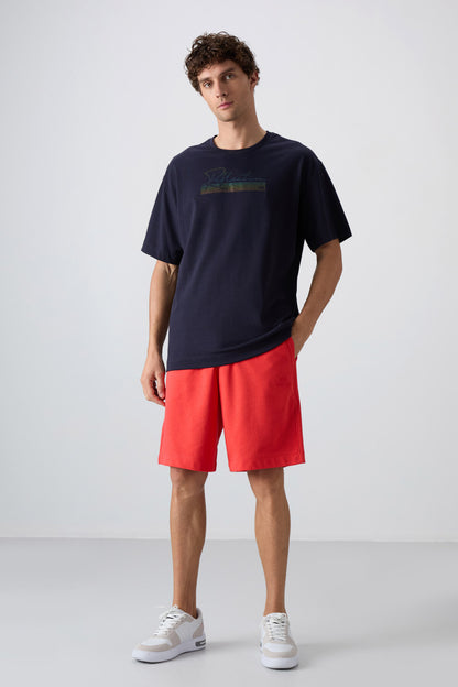 Navy Blue Cotton Thick Soft Textured Oversize Fit Printed Men's T-Shirt - 88334