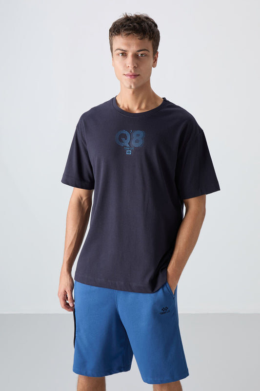 Navy Blue Cotton Thick Soft Textured Oversize Fit Printed Men's T-Shirt - 88333