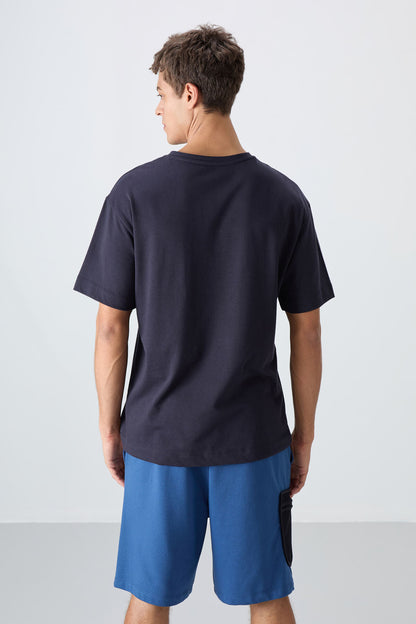 Navy Blue Cotton Thick Soft Textured Oversize Fit Printed Men's T-Shirt - 88333