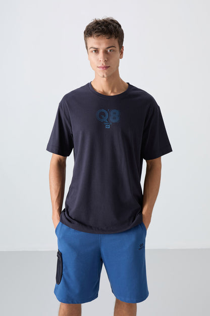 Navy Blue Cotton Thick Soft Textured Oversize Fit Printed Men's T-Shirt - 88333