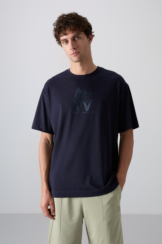 Navy Blue Cotton Thick Soft Textured Oversize Fit Printed Men's T-Shirt - 88332