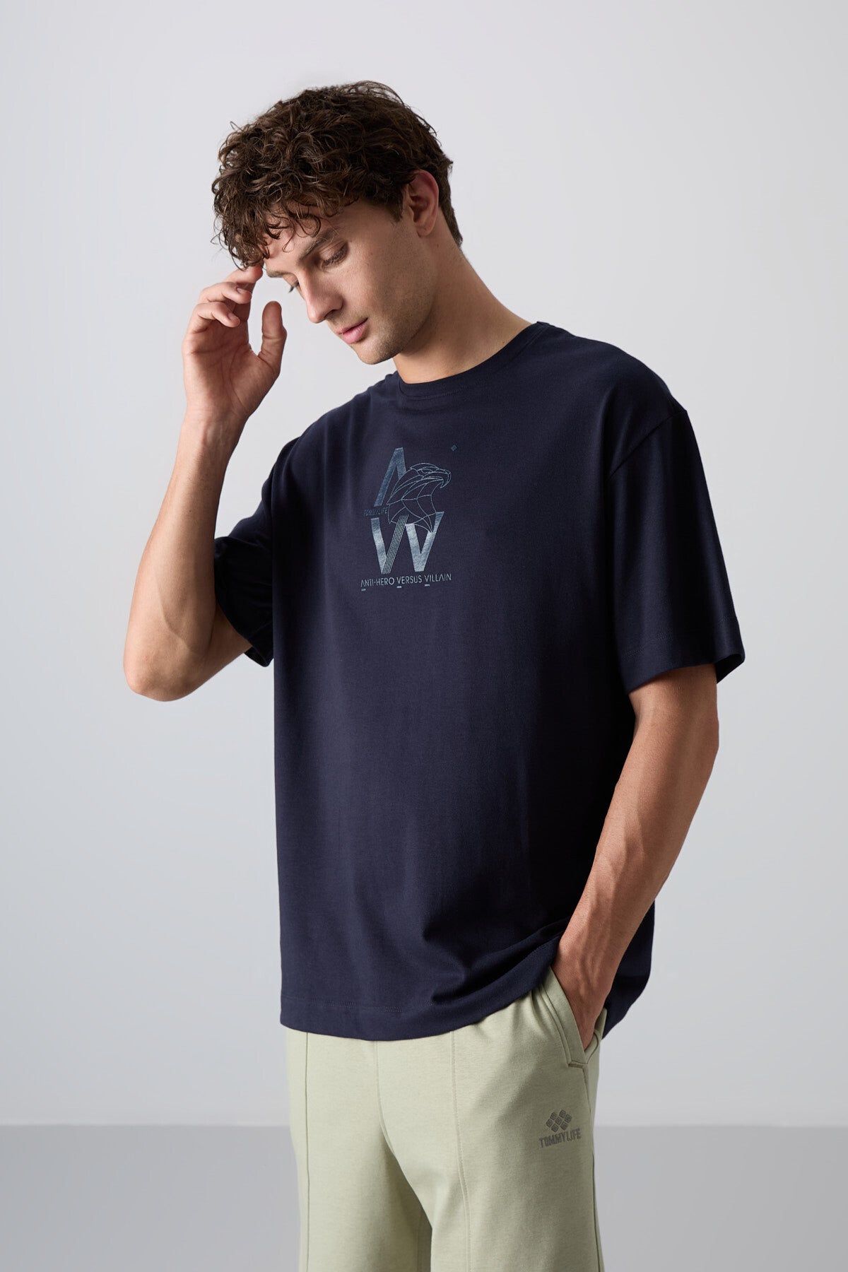 Navy Blue Cotton Thick Soft Textured Oversize Fit Printed Men's T-Shirt - 88332