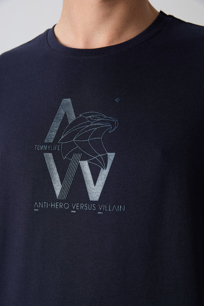 Navy Blue Cotton Thick Soft Textured Oversize Fit Printed Men's T-Shirt - 88332