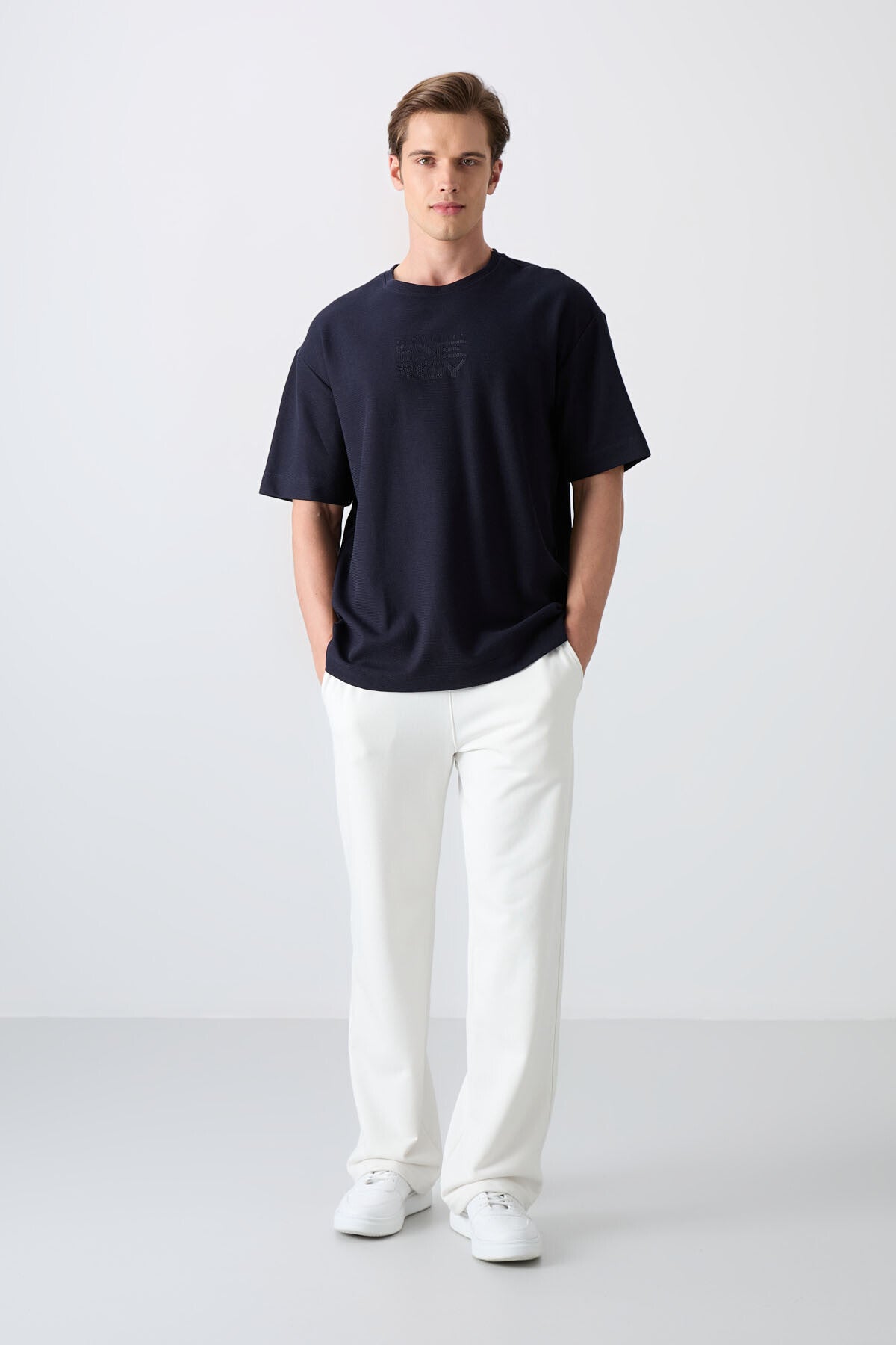 Navy Blue Textured Thick Surface Cotton Oversize Fit Printed Men's T-Shirt - 88336