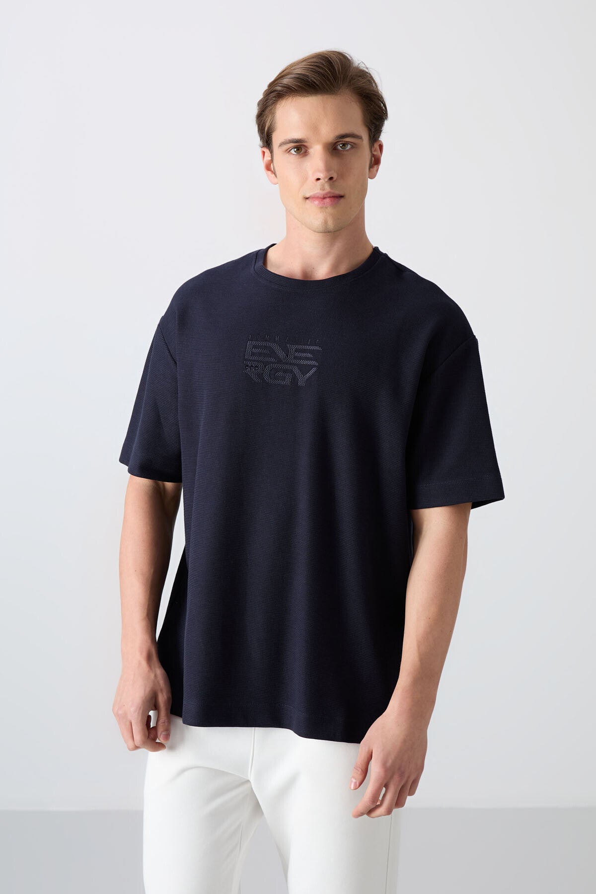 Navy Blue Textured Thick Surface Cotton Oversize Fit Printed Men's T-Shirt - 88336