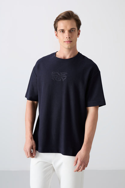Navy Blue Textured Thick Surface Cotton Oversize Fit Printed Men's T-Shirt - 88336