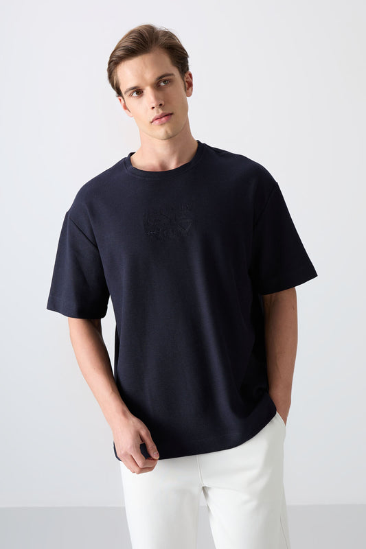 Navy Blue Textured Thick Surface Cotton Oversize Fit Printed Men's T-Shirt - 88336