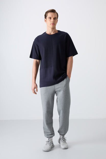 Navy Blue Textured Thick Surface Cotton Oversize Fit Basic Men's T-Shirt - 88337