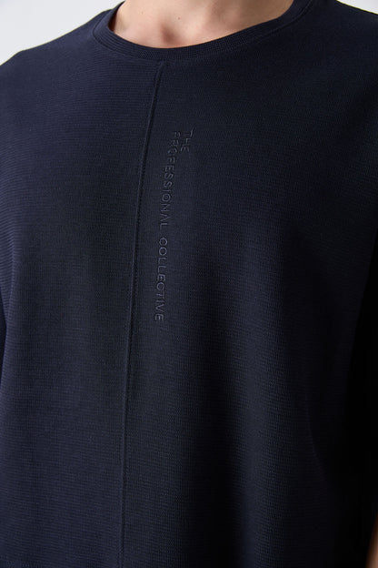 Navy Blue Textured Thick Surface Cotton Oversize Fit Basic Men's T-Shirt - 88337