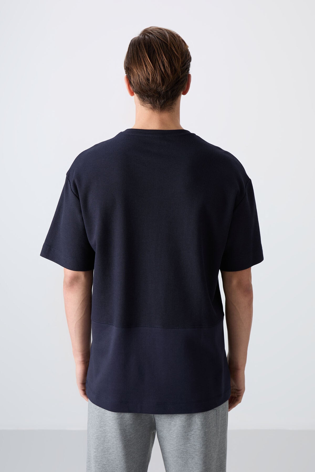 Navy Blue Textured Thick Surface Cotton Oversize Fit Basic Men's T-Shirt - 88337
