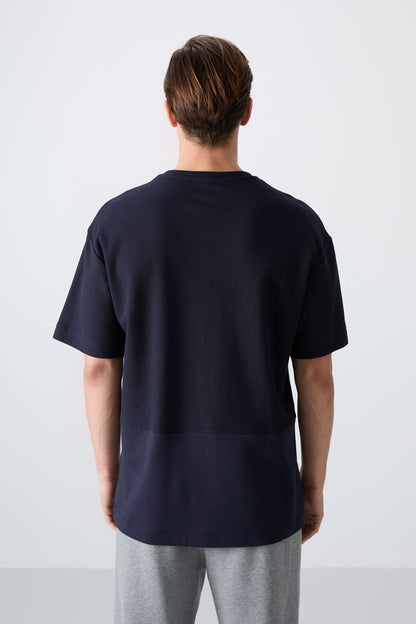 Navy Blue Textured Thick Surface Cotton Oversize Fit Basic Men's T-Shirt - 88337