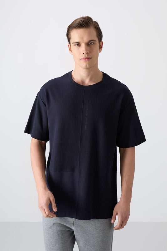 Navy Blue Textured Thick Surface Cotton Oversize Fit Basic Men's T-Shirt - 88337