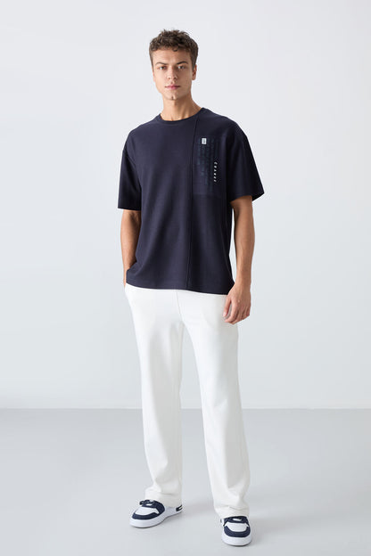 Navy Blue Textured Thick Surface Cotton Oversize Fit Printed Men's T-Shirt - 88338