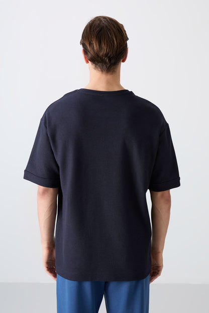 Navy Blue Textured Thick Surface Cotton Oversize Fit Basic Men's T-Shirt - 88339