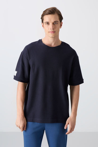 Navy Blue Textured Thick Surface Cotton Oversize Fit Basic Men's T-Shirt - 88339