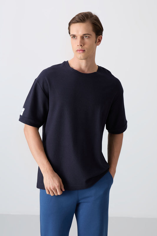 Navy Blue Textured Thick Surface Cotton Oversize Fit Basic Men's T-Shirt - 88339