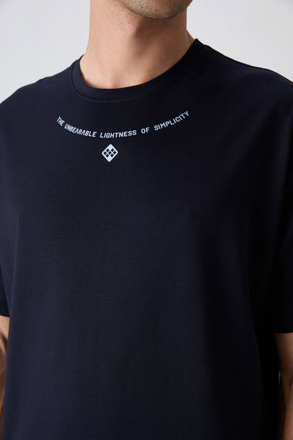 Navy Blue Cotton Thick Soft Textured Oversize Fit Printed Men's T-Shirt - 88343
