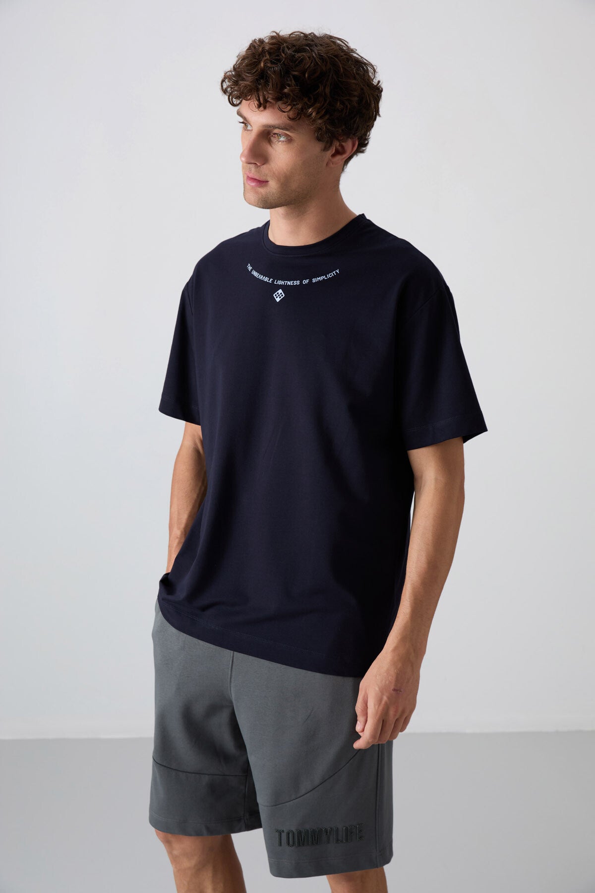 Navy Blue Cotton Thick Soft Textured Oversize Fit Printed Men's T-Shirt - 88343