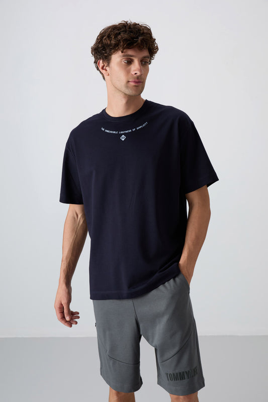Navy Blue Cotton Thick Soft Textured Oversize Fit Printed Men's T-Shirt - 88343