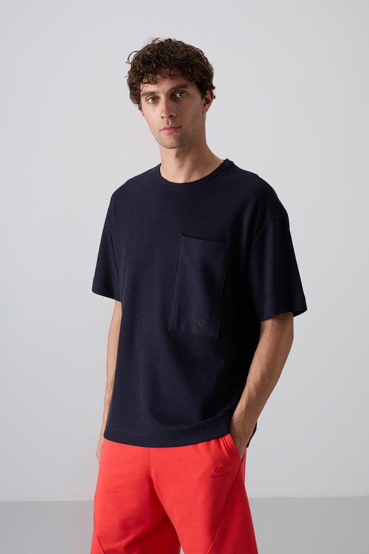 Navy Blue Thick Textured Surface Cotton Oversize Fit Basic Men's T-Shirt - 88341