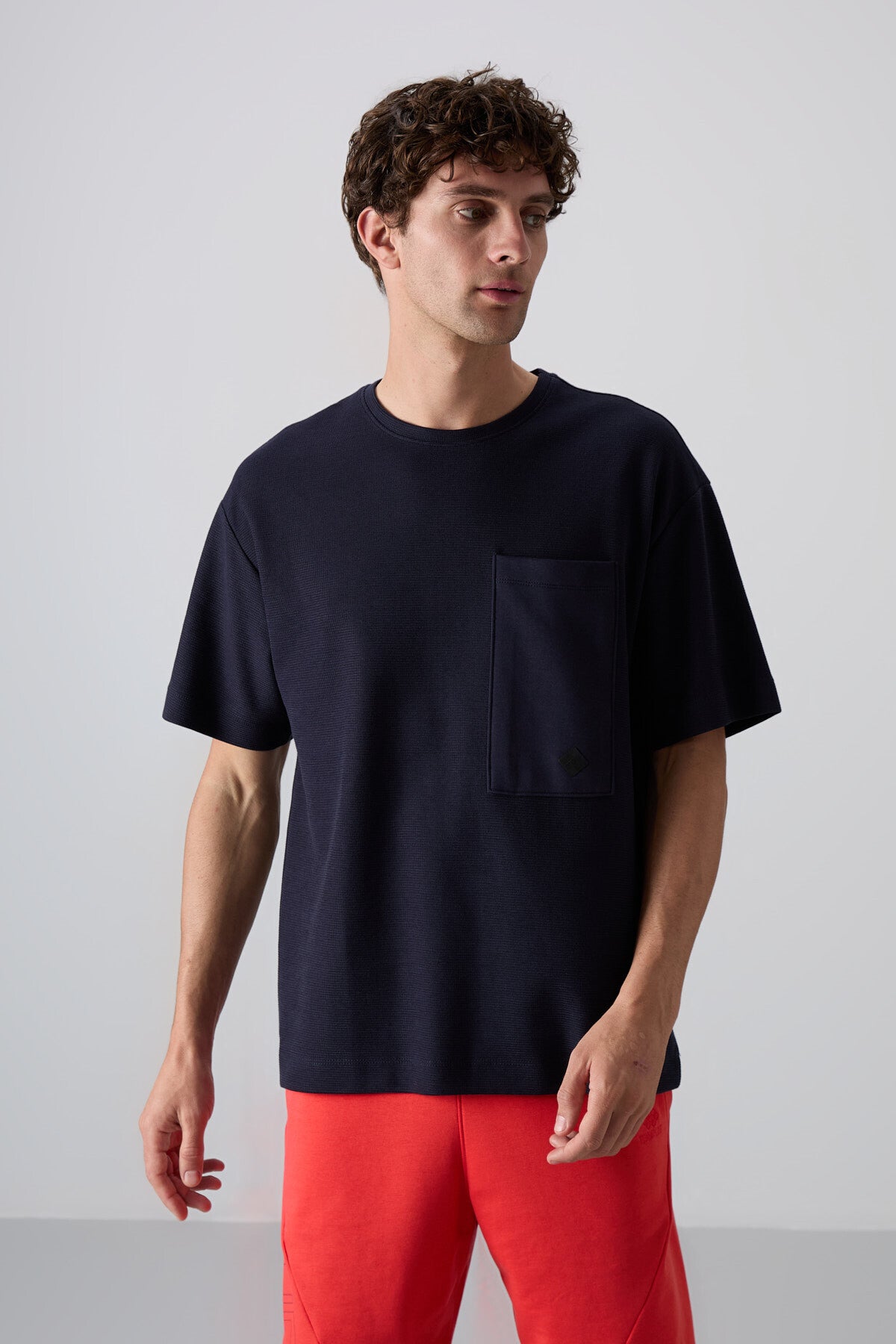 Navy Blue Thick Textured Surface Cotton Oversize Fit Basic Men's T-Shirt - 88341