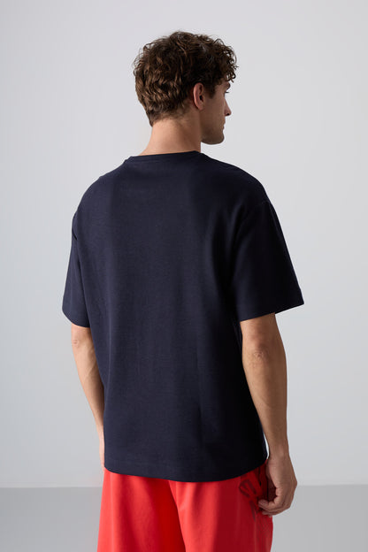 Navy Blue Thick Textured Surface Cotton Oversize Fit Basic Men's T-Shirt - 88341