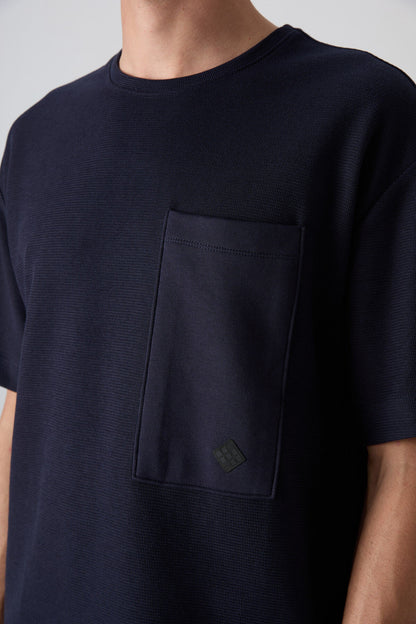 Navy Blue Thick Textured Surface Cotton Oversize Fit Basic Men's T-Shirt - 88341