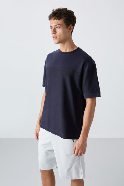 Navy Blue Textured Thick Surface Cotton Oversize Fit Basic Men's T-Shirt - 88340