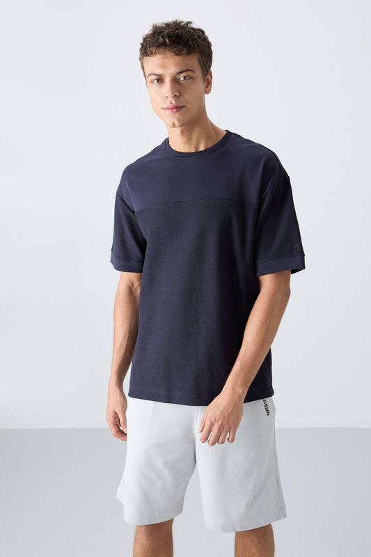 Navy Blue Textured Thick Surface Cotton Oversize Fit Basic Men's T-Shirt - 88340