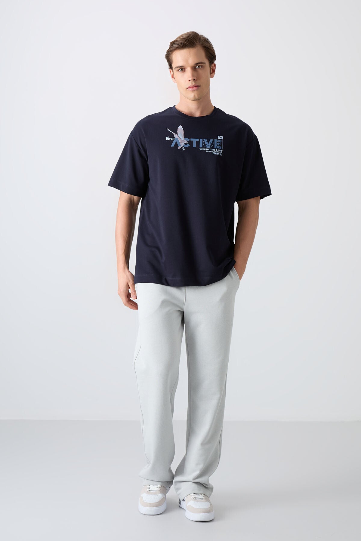 Navy Blue Cotton Thick Soft Textured Oversize Fit Printed Men's T-Shirt - 88344