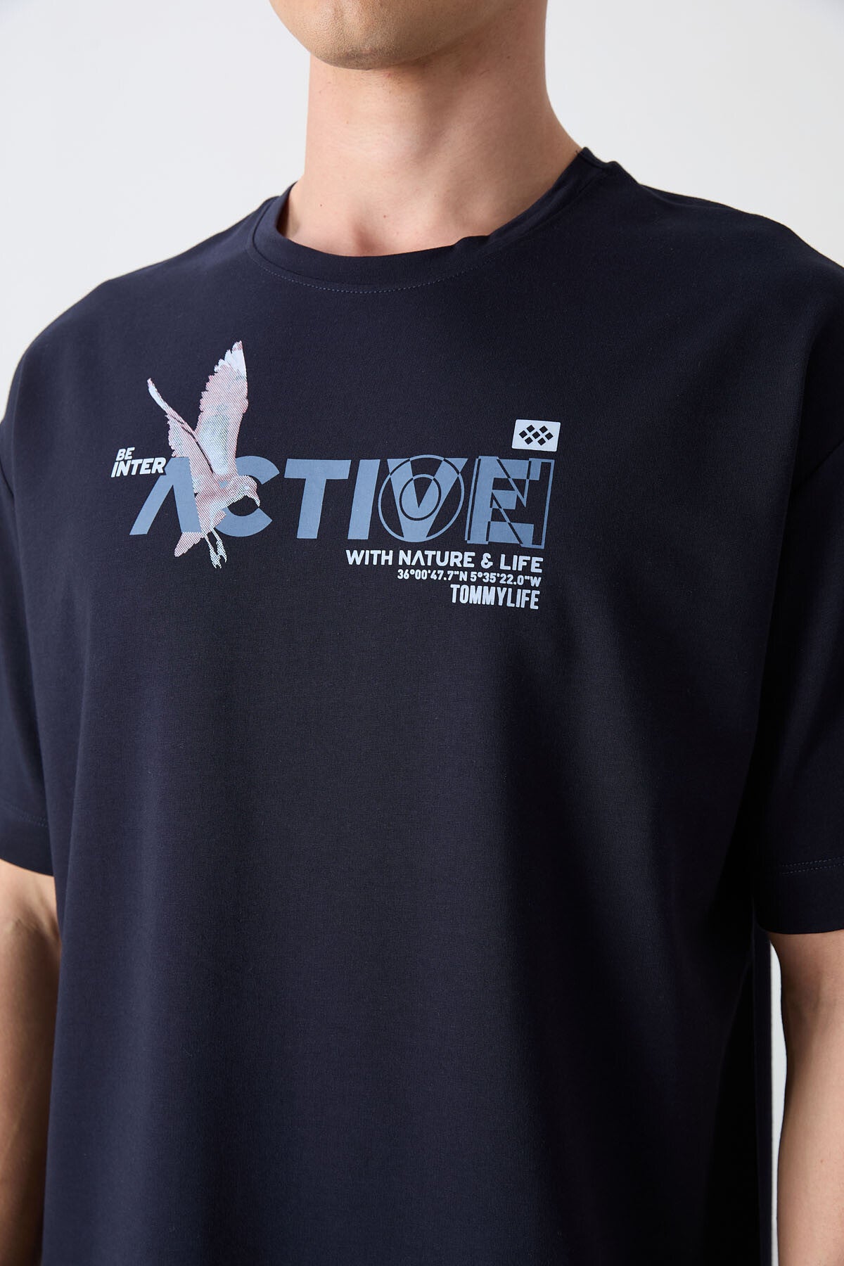 Navy Blue Cotton Thick Soft Textured Oversize Fit Printed Men's T-Shirt - 88344