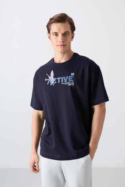 Navy Blue Cotton Thick Soft Textured Oversize Fit Printed Men's T-Shirt - 88344