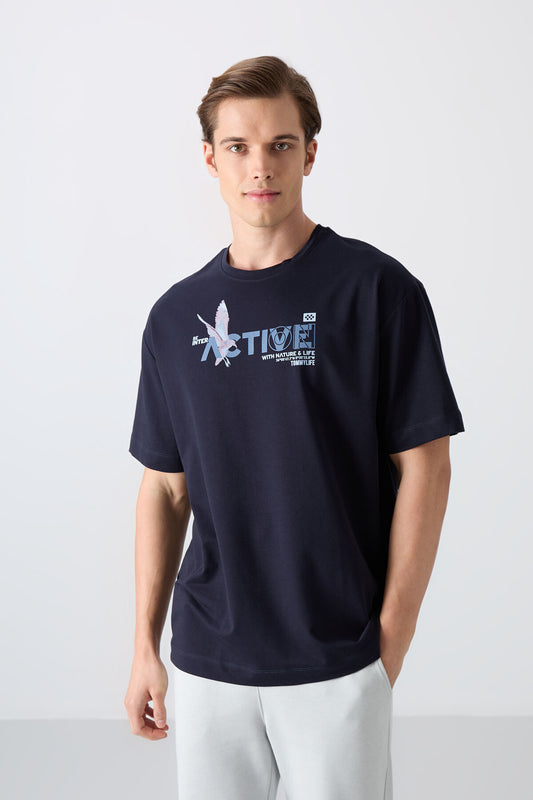 Navy Blue Cotton Thick Soft Textured Oversize Fit Printed Men's T-Shirt - 88344
