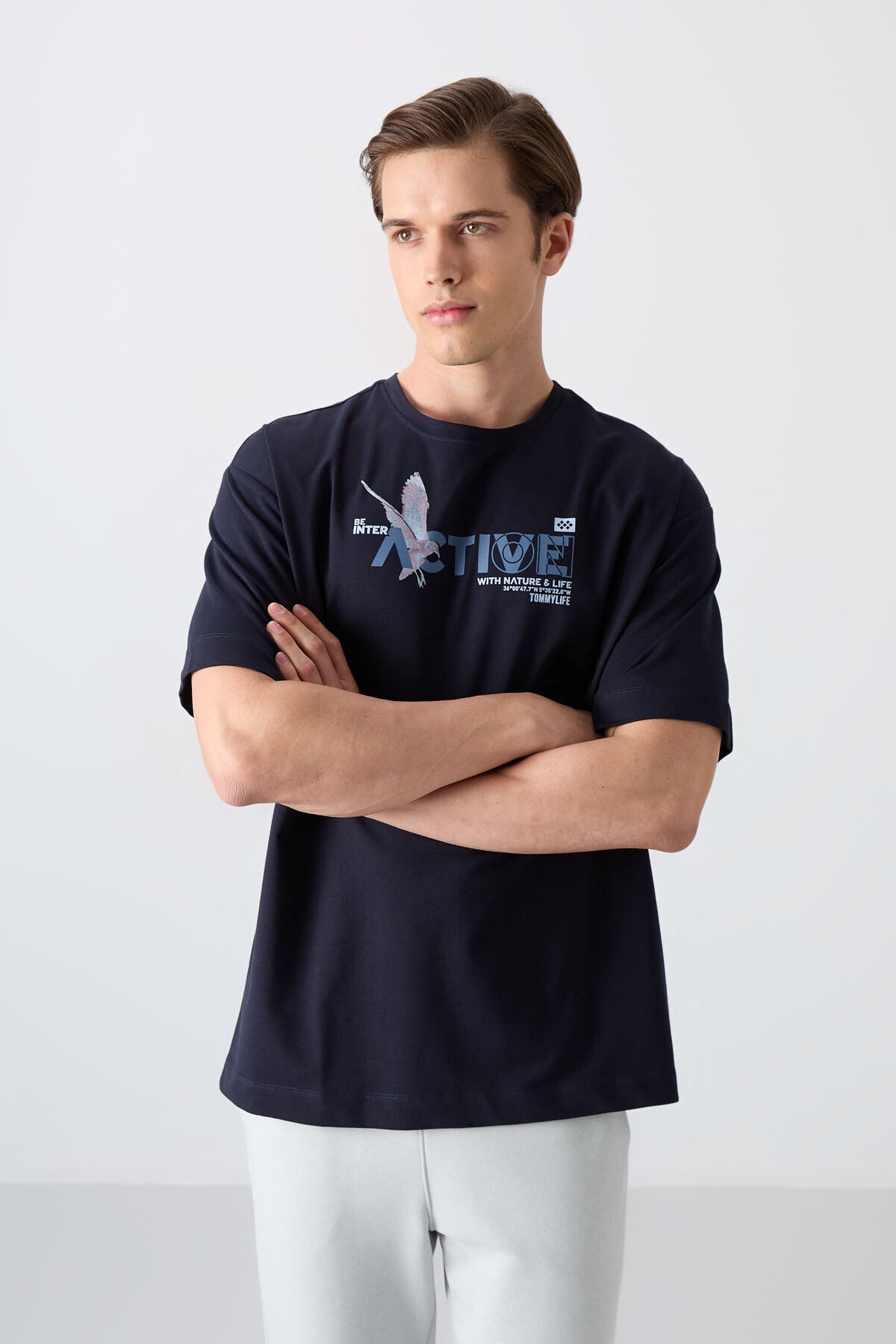 Navy Blue Cotton Thick Soft Textured Oversize Fit Printed Men's T-Shirt - 88344