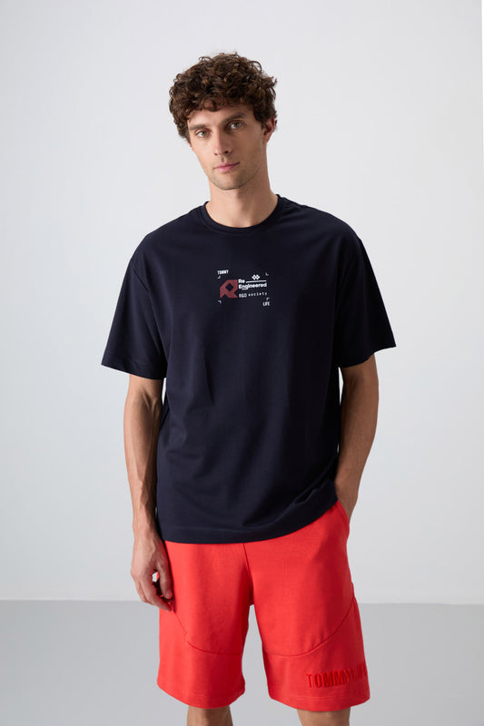 Navy Blue Cotton Thick Soft Textured Oversize Fit Printed Men's T-Shirt - 88350