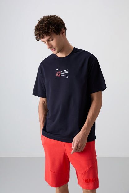 Navy Blue Cotton Thick Soft Textured Oversize Fit Printed Men's T-Shirt - 88350