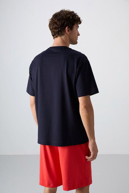 Navy Blue Cotton Thick Soft Textured Oversize Fit Printed Men's T-Shirt - 88350