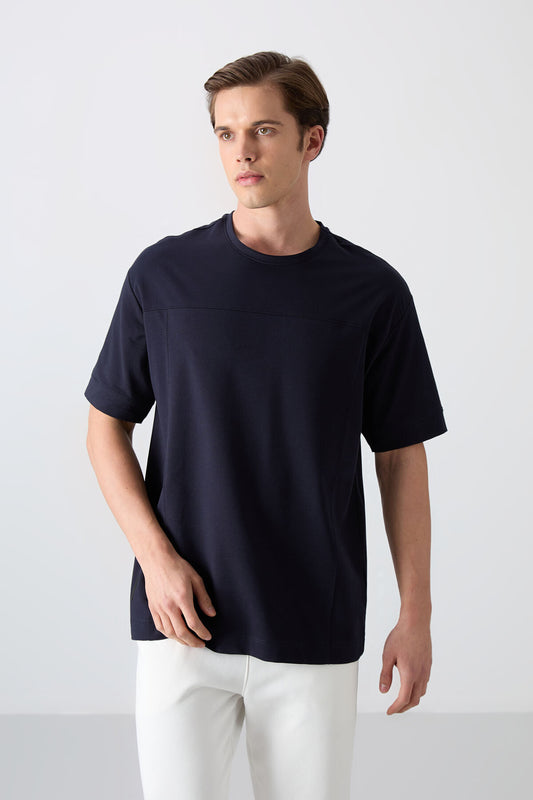 Navy Blue Cotton Thick Soft Textured Oversize Fit Basic Men's T-Shirt - 88349