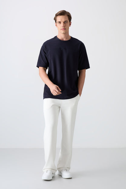 Navy Blue Cotton Thick Soft Textured Oversize Fit Basic Men's T-Shirt - 88349