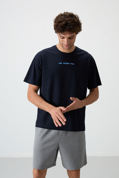 Navy Blue Textured Thick Surface Cotton Oversize Fit Printed Men's T-Shirt - 88364