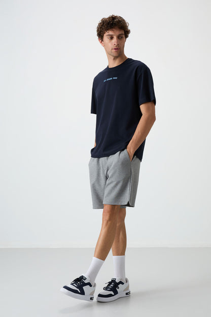Navy Blue Textured Thick Surface Cotton Oversize Fit Printed Men's T-Shirt - 88364